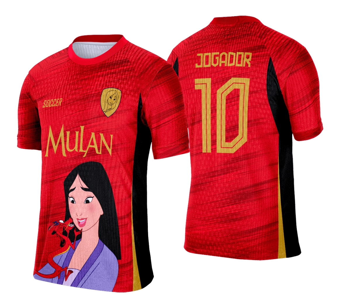 Camiseta unissex preta com logo no peito e estampa grande nas costas com tema Interclasse Mulan, visual marcante e cheio de estilo para fãs.