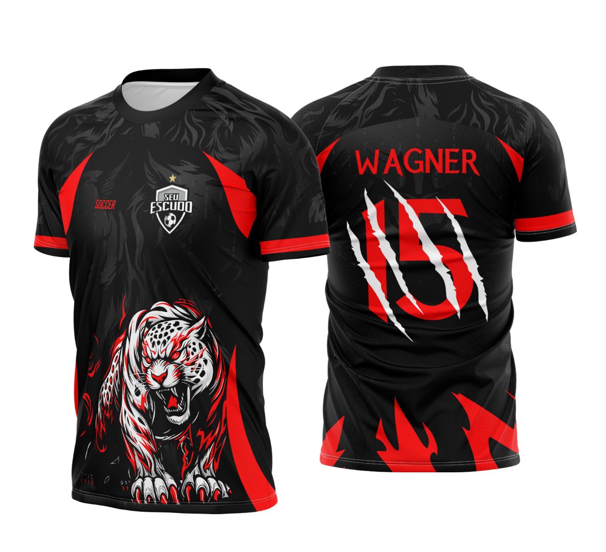 Camiseta unissex preta com logo no peito e estampa grande nas costas das Panteras Brancas e Vermelhas, tema Interclasse Onça 2025, design impactante e estilo moderno para todos.