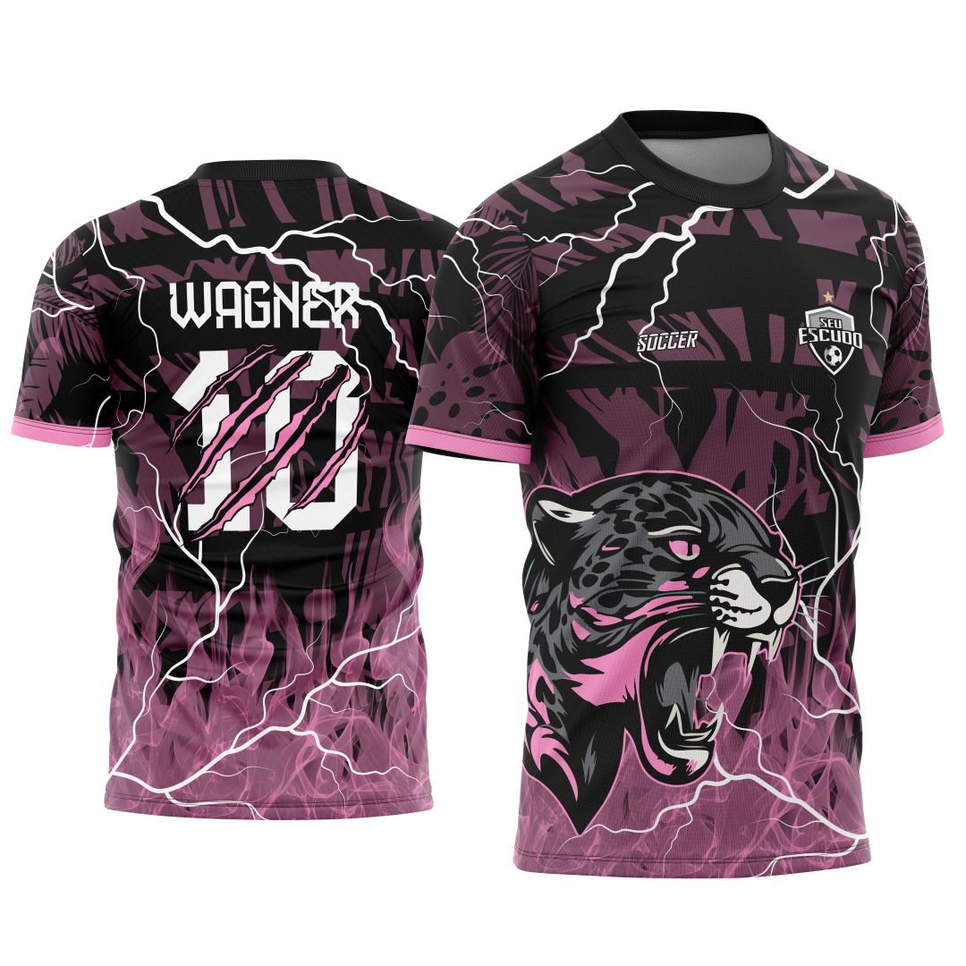 Camiseta unissex preta com logo no peito e estampa grande nas costas mostrando Onça e Pantera Negra tema Interclasse 2025, ideal para fãs de animais e eventos escolares.