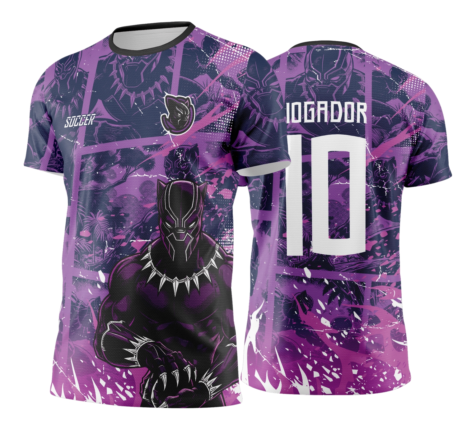 Camiseta unissex preta com logo no peito e estampa grande nas costas mostrando tema Pantera Negra com estilo grunge roxo, ideal para Jogos Internos 2024 e 2025.