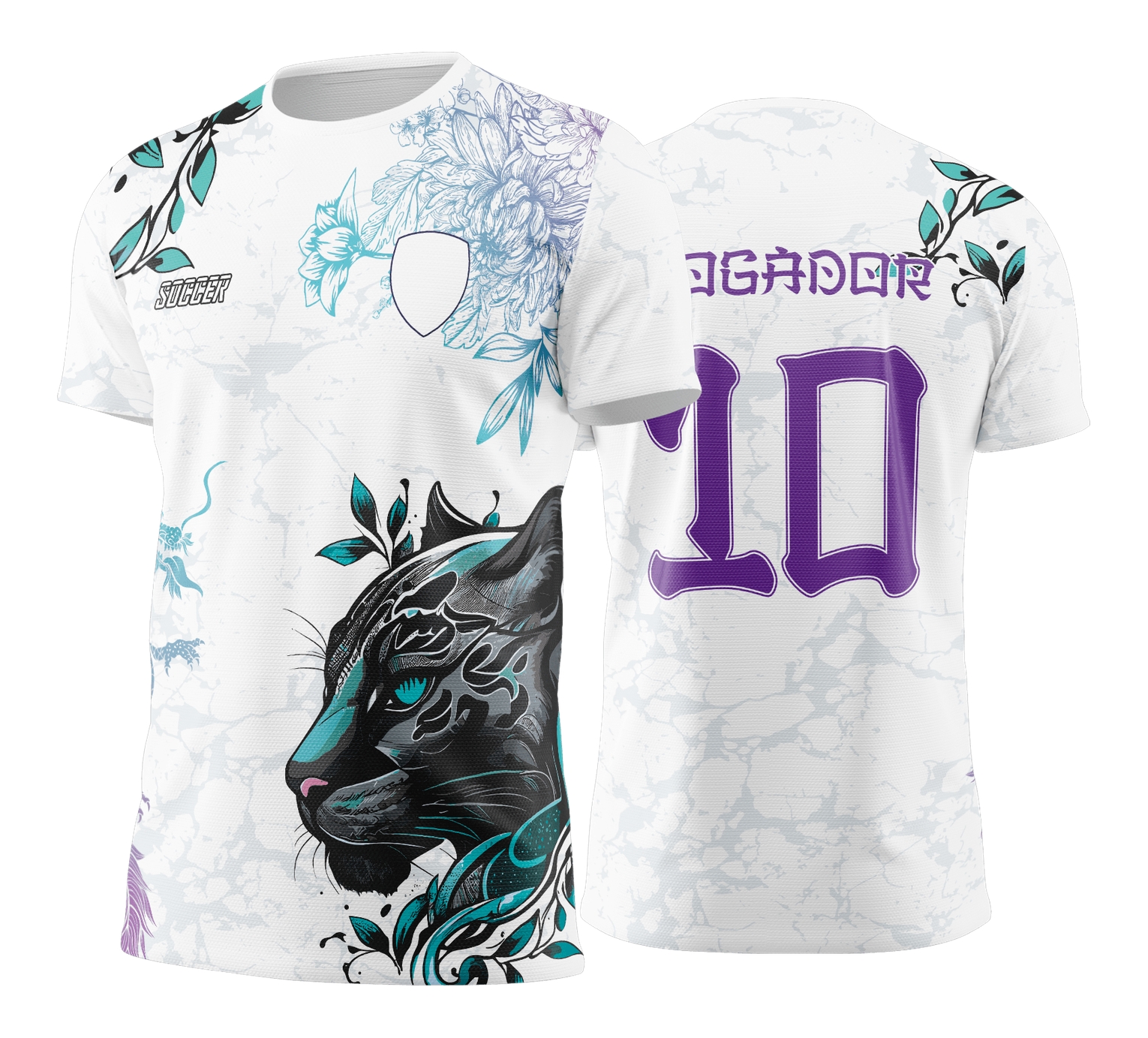 Camiseta unissex branca com logo no peito e estampa grande nas costas mostrando tema Pantera Negra floral para Jogos Internos 2024-2025, perfeita para torcer com estilo e conforto.