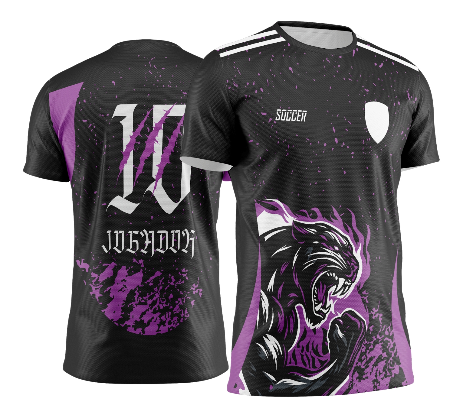 Camiseta unissex preta com logo no peito e estampa grande nas costas mostrando Pantera Negra com fogo, criando visual marcante para Jogos Internos 2024-2025.