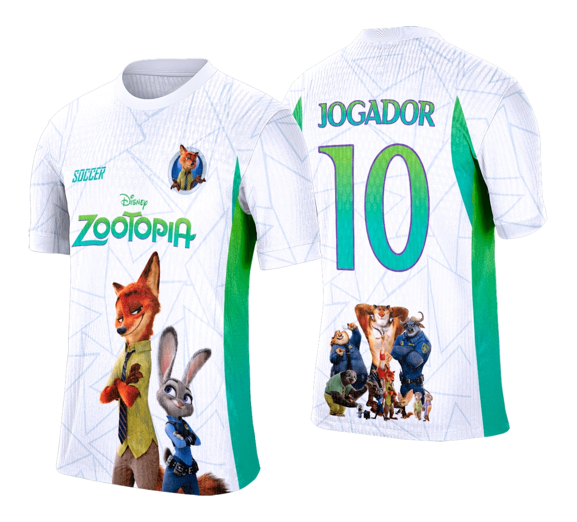Camiseta unissex em cor preta com logo no peito e estampa grande nas costas inspirada no tema Interclasse Zootopia, ideal para eventos e uso diário.