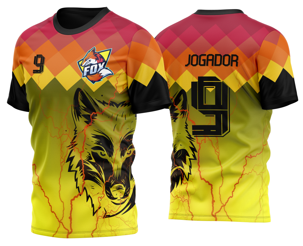 Camiseta unissex preta com logo no peito e estampa grande nas costas com tema Lobo Interclasse em degrade e polígonos, perfeita para quem curte design moderno e arrojado.