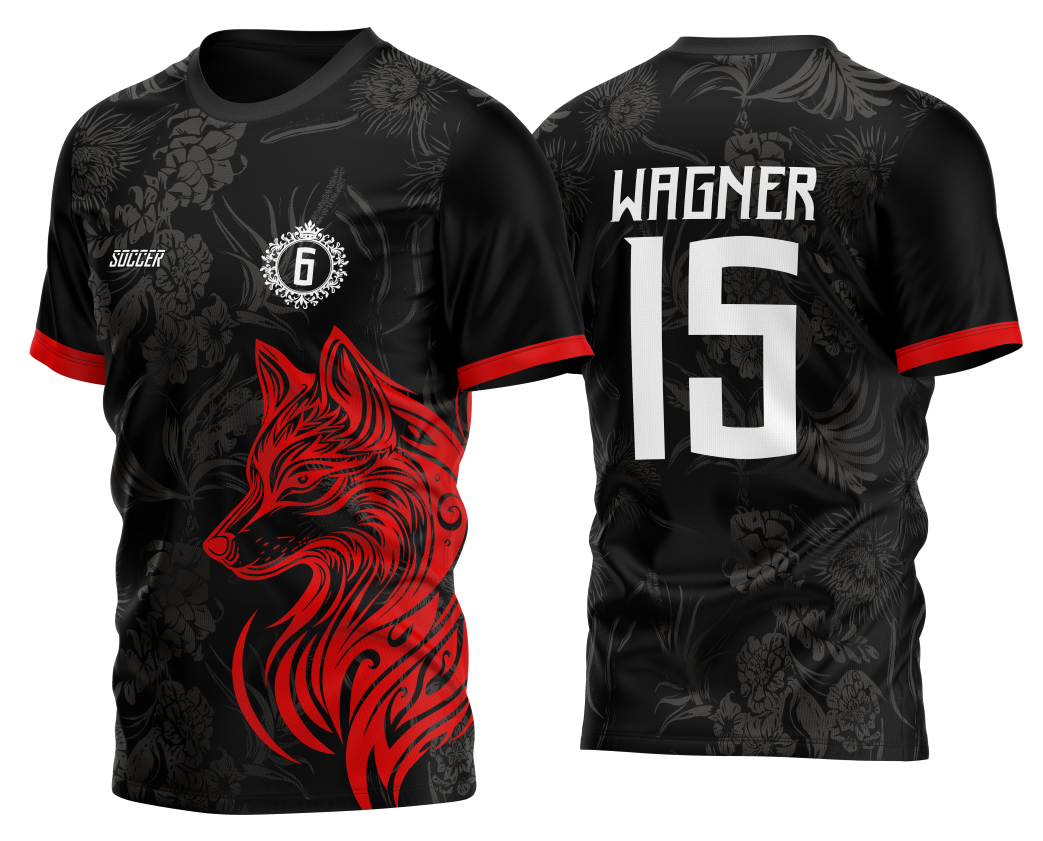 Camiseta unissex preta com logo no peito e estampa grande nas costas com tema InterClasse Fox Lobo Coiote Tribal 2023, destacando design tribal moderno e estilo marcante.