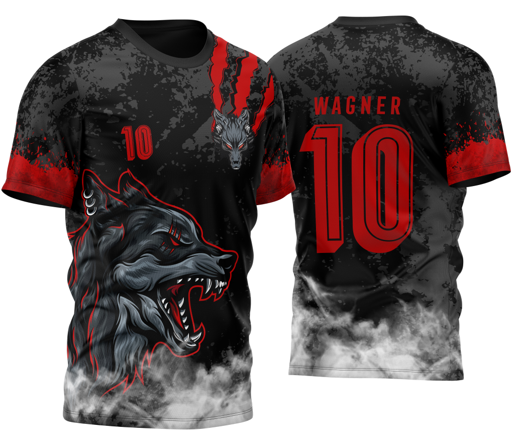 Camiseta unissex preta com logo no peito e estampa grande nas costas apresentando um lobo feroz com temática para InterClasse, perfeita para eventos e times escolares.