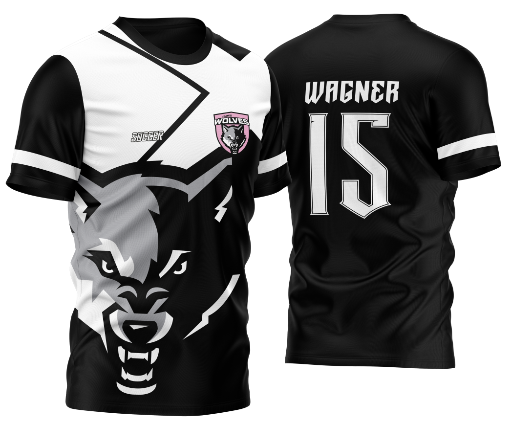 Foto de camiseta unissex preta com logo no peito e estampa grande nas costas do tema InterClasse Lobo Preto e Branca 2023, ideal para eventos e turmas.