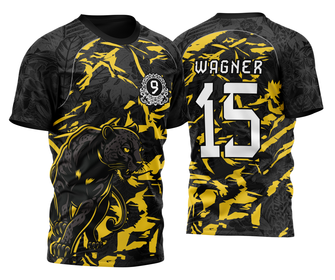 Camiseta unissex amarela com logo no peito e estampa grande nas costas do tema InterClasse Pantera Nono Ano 2026, perfeita para eventos escolares e turmas comemorativas.