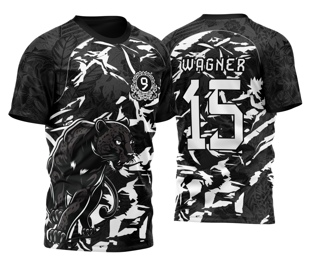 Camiseta unissex preta com logo no peito e estampa grande nas costas da Pantera do Nono Ano 2026, design moderno e impactante ideal para uso escolar e eventos.