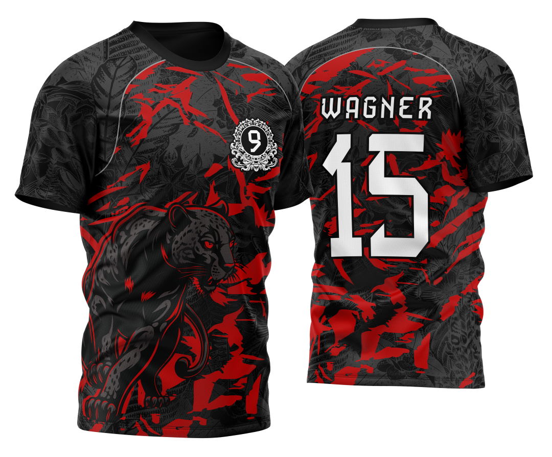 Camiseta unissex preta com logo no peito e estampa grande nas costas, tema InterClasse Pantera Nono Ano 2026 em destaque no design vermelho vibrante e moderno.