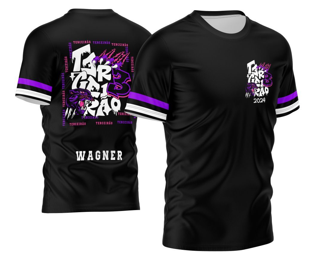 Camisa Terceirão com logo no peito, apresentando estampa grande nas costas com tema Pantera Negra em design moderno e vibrante, ideal para marcar momentos únicos do Terceirão.
