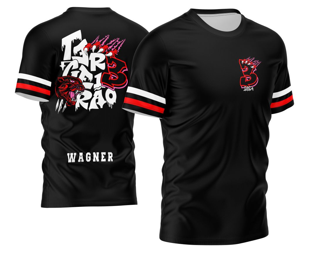 Camisa personalizada com logo no peito e estampa grande nas costas, apresentando um design poderoso com tema de Pantera Negra, ideal para celebração do Terceirão com estilo único e marcante.