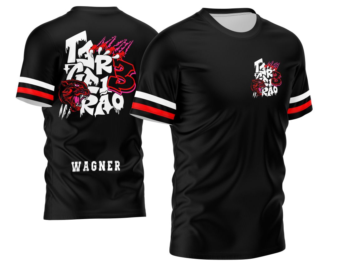 Camisa do Terceirão com logo no peito e estampa grande nas costas, destacando uma poderosa pantera negra que simboliza força e união para a turma se destacar com estilo marcante.