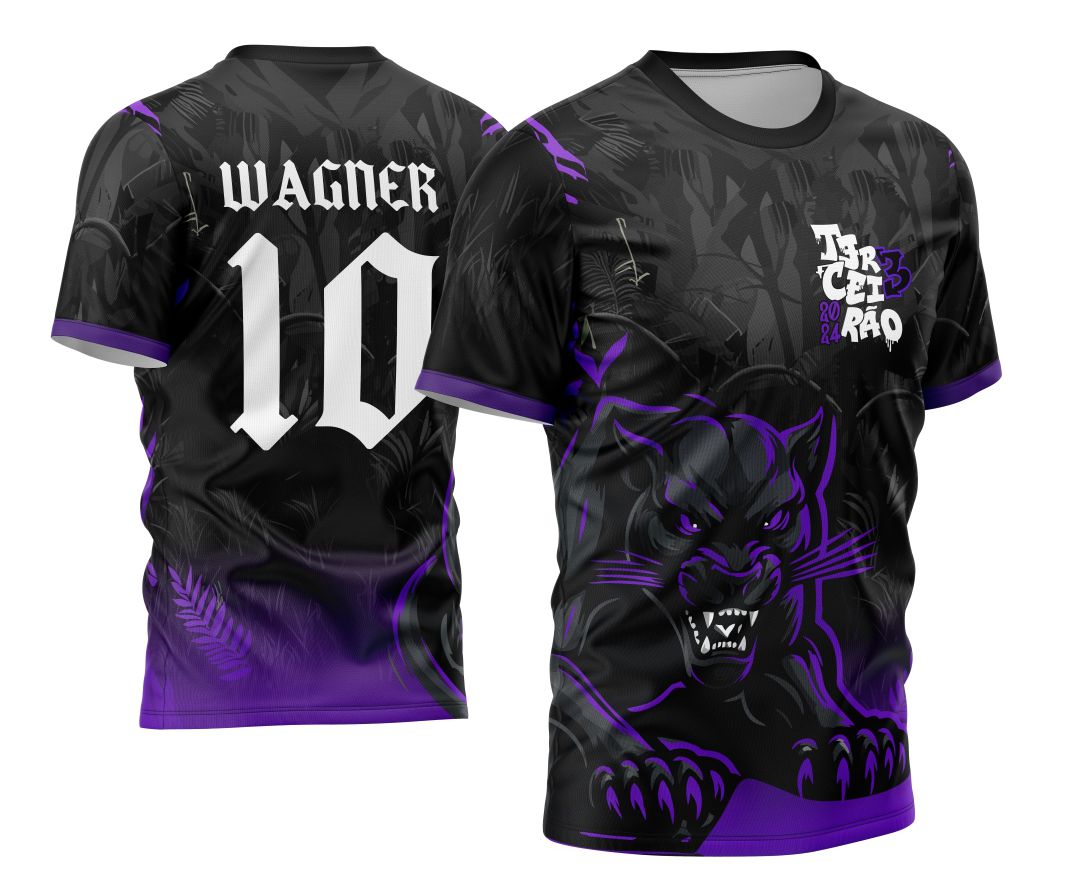 Camisa com logo no peito e estampa grande nas costas mostrando uma pantera negra em ataque com detalhes vibrantes e design moderno, perfeita para destacar o espírito de turma do Terceirão.