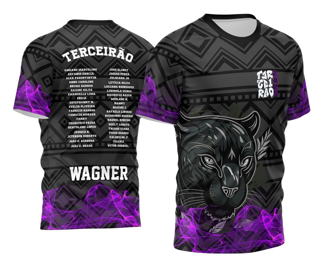 Camisa com logo no peito em destaque e estampa grande nas costas com design de Pantera Negra em estilo camuflagem, perfeita para turma de Terceirão 2026.