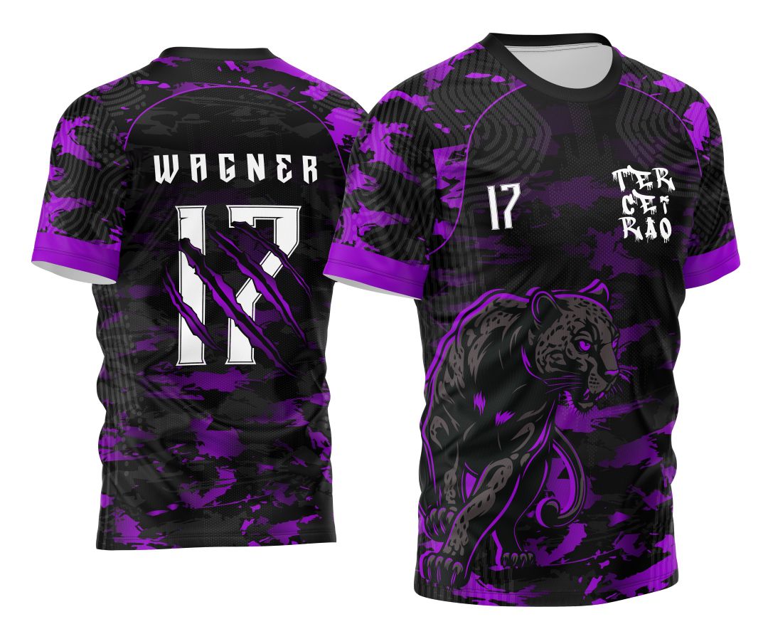 Camisa final com logo no peito e estampa grande nas costas, apresentando design Pantera Negra em camuflagem que destaca a vibe única do Terceirão 2026.