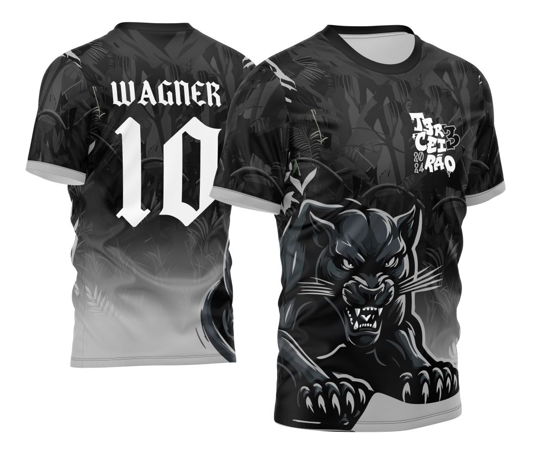 Foto de camisa com logo no peito e estampa grande nas costas mostrando design de pantera negra com estilo degradê moderno, destacando um visual marcante para grupos escolares.