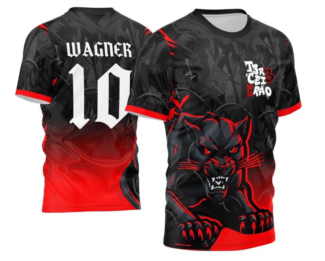 Camiseta preta unissex com logo no peito e estampa grande nas costas da Pantera Negra em degrade moderno, estilo marcante para o terceirão.