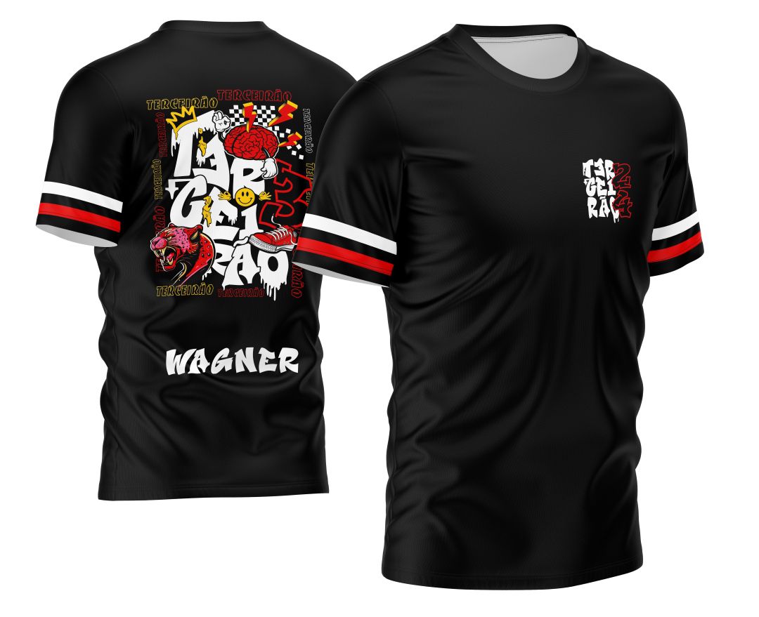 Camisa com logo no peito e estampa grande nas costas exibindo uma pantera vermelha estilizada, perfeita para a turma do Terceirão com design impactante e marcante.