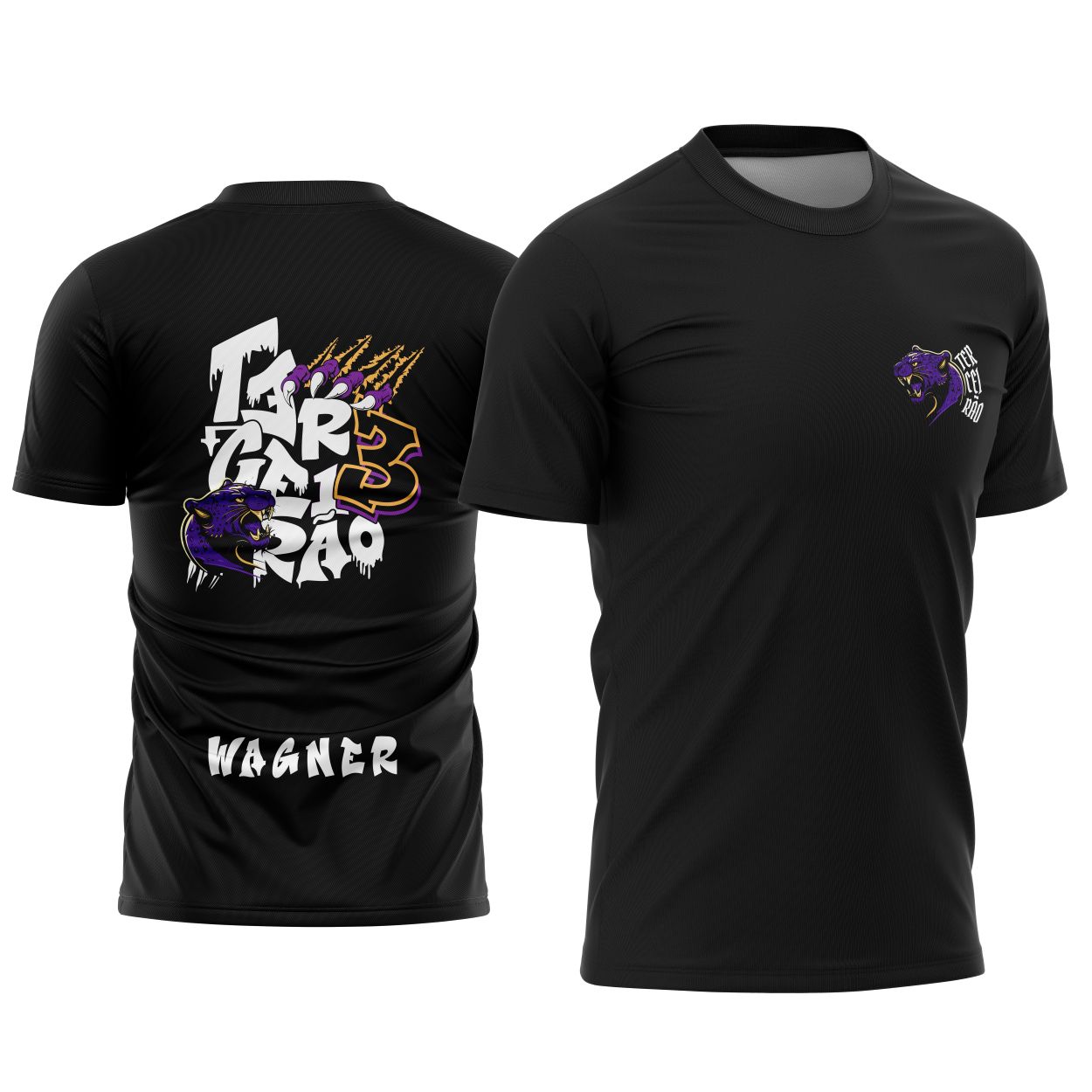 Foto da camisa com logo no peito e estampa grande nas costas mostrando a feroz Pantera Negra, design marcante com detalhes que destacam a coragem e união da turma do terceirão.
