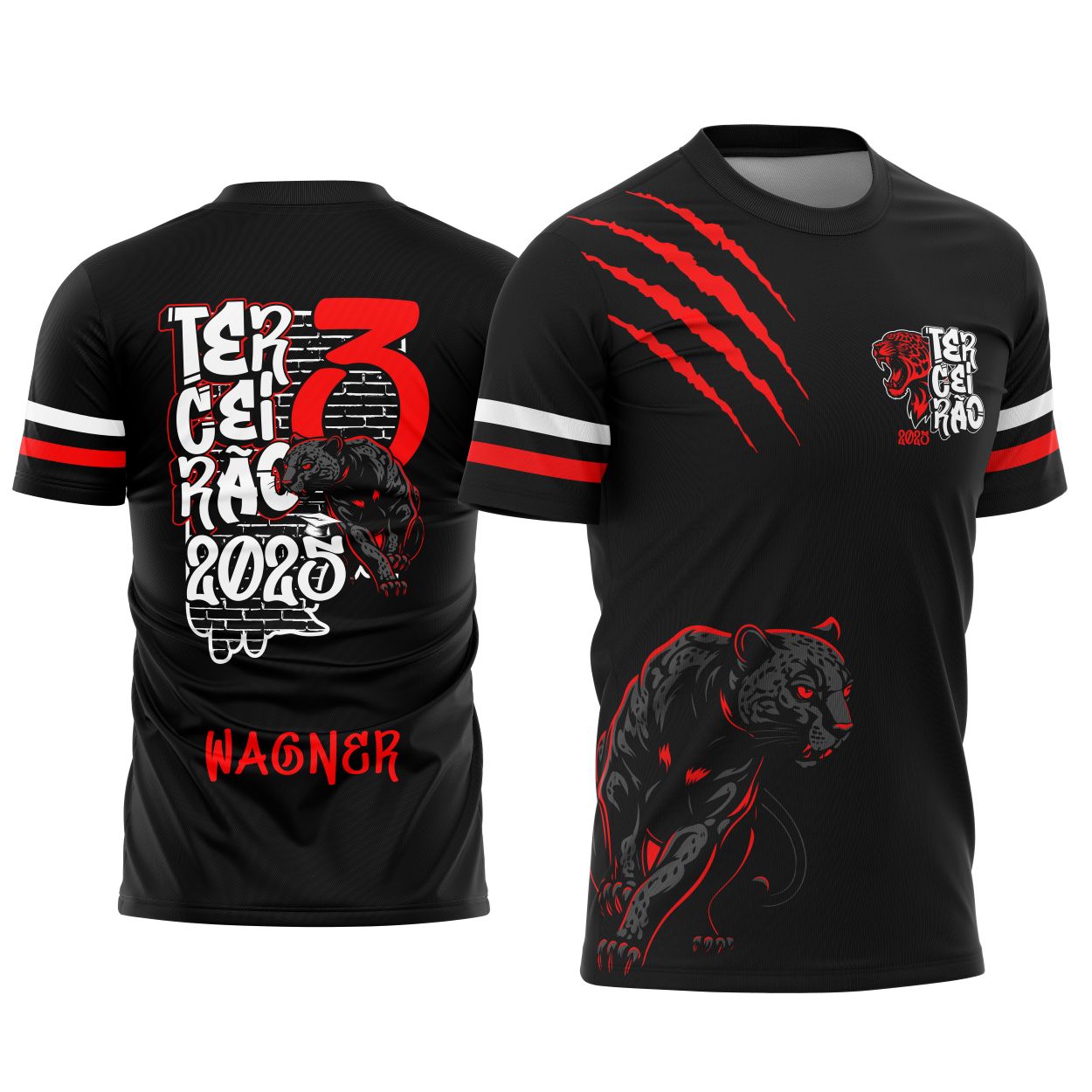 Camisa com logo no peito e estampa grande nas costas mostrando uma pantera negra imponente, design ousado e cheio de atitude, ideal para celebrar o espírito do Terceirão.