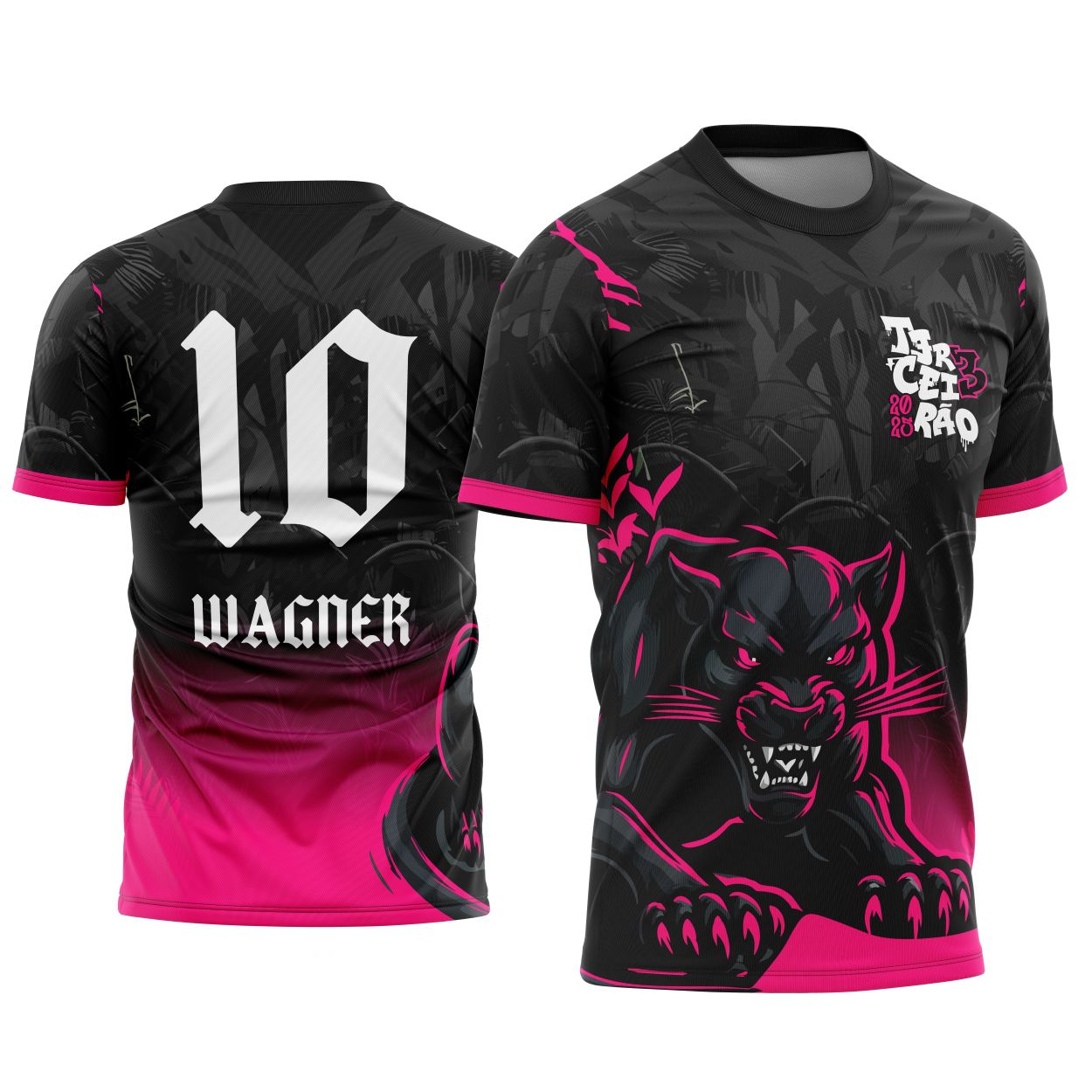 Camiseta unissex preta com logo no peito e estampa grande nas costas do tema Terceirão Pantera Negra, destacando design impactante e estilo jovem e moderno