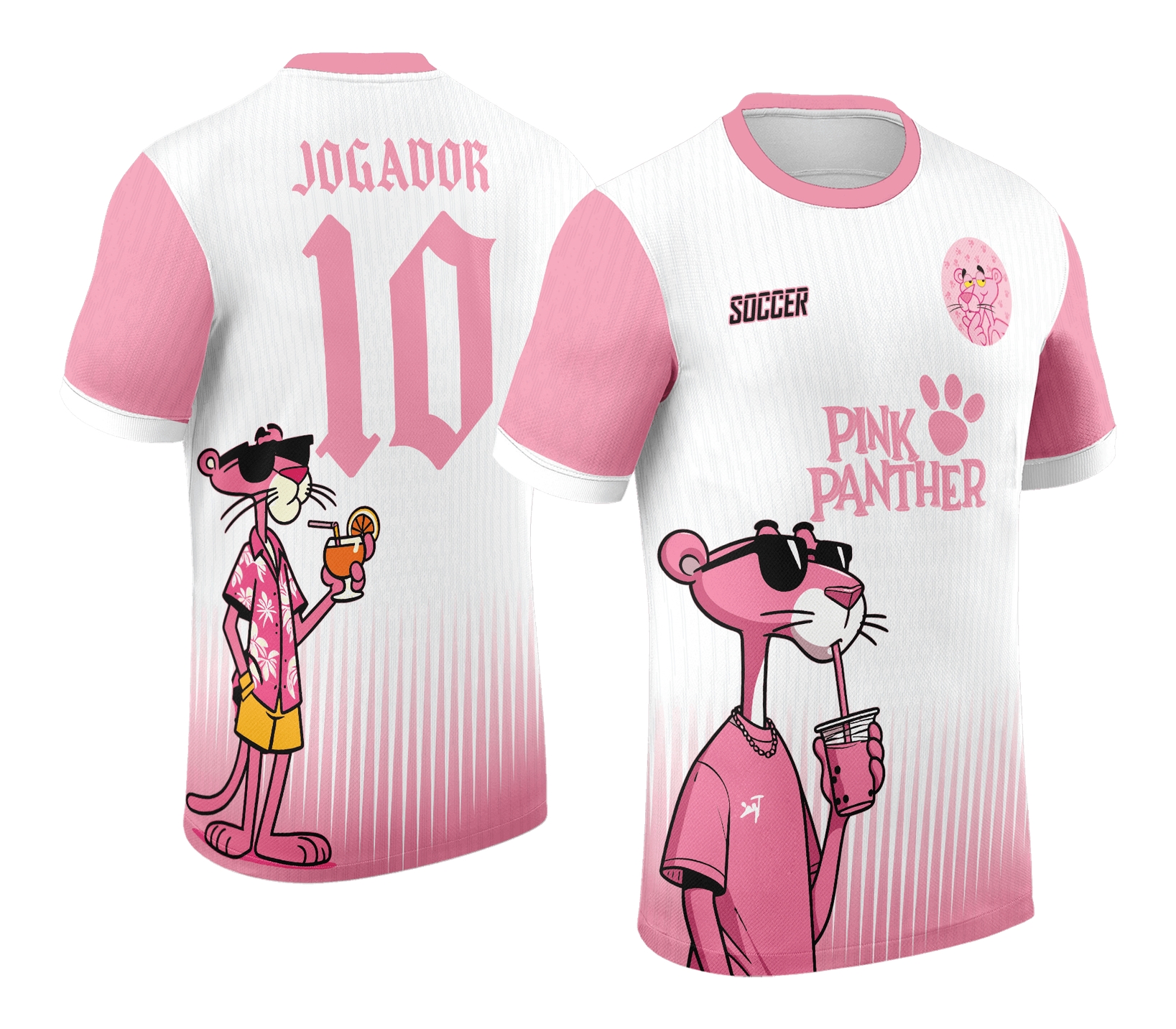 Camiseta unissex preta com logo no peito e estampa grande nas costas mostrando a Pantera Cor de Rosa em estilo interclasse 2024 2025, perfeita para quem busca estilo e conexão com o tema.