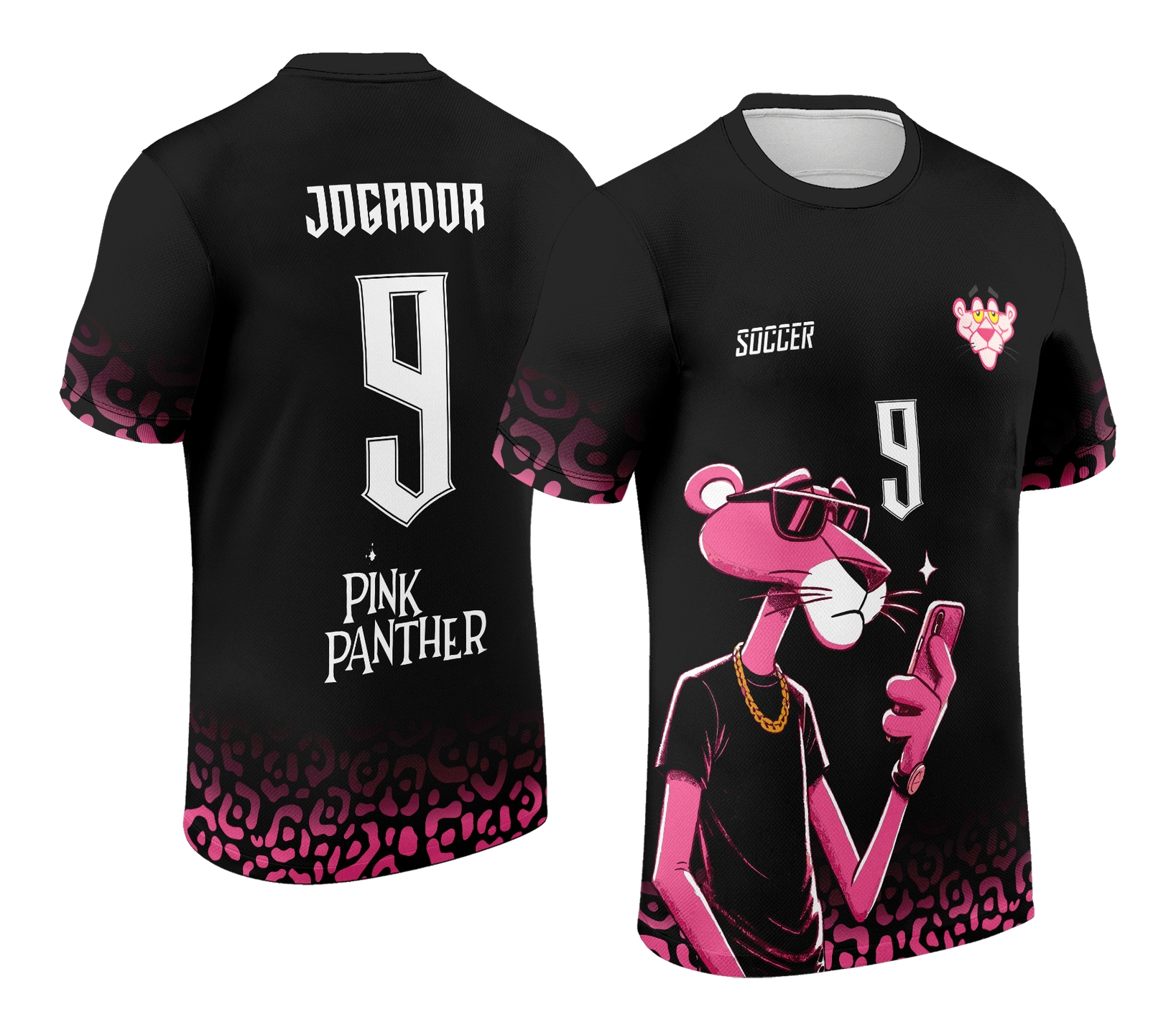 Camiseta unissex preta com logo no peito e estampa grande nas costas do tema Interclasse Pantera Cor de Rosa 2024 2025, ideal para eventos escolares e turmas organizadas.