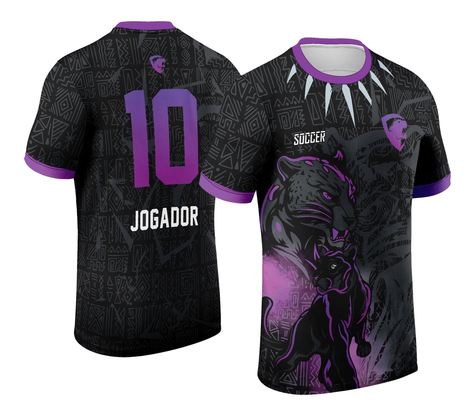 Camiseta unissex preta com logo no peito e estampa grande nas costas inspirada em Pantera Negra Tribal para Interclasse 2024-2025, estilo moderno e ousado, perfeita para eventos ou uso casual.