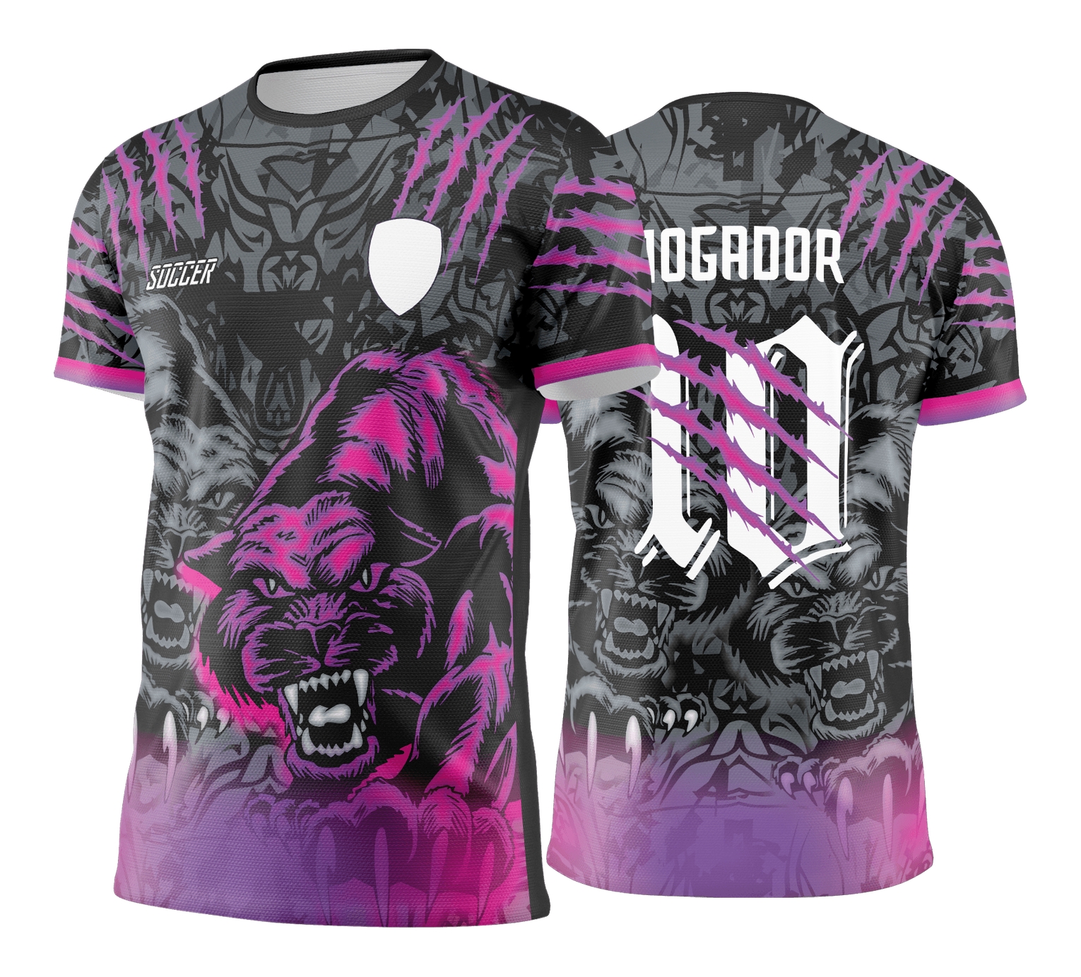 Camiseta unissex preta com logo no peito e estampa grande nas costas inspirada na Pantera Negra Roxa do Interclasse 2025, trazendo estilo marcante e visual exclusivo para o público jovem.