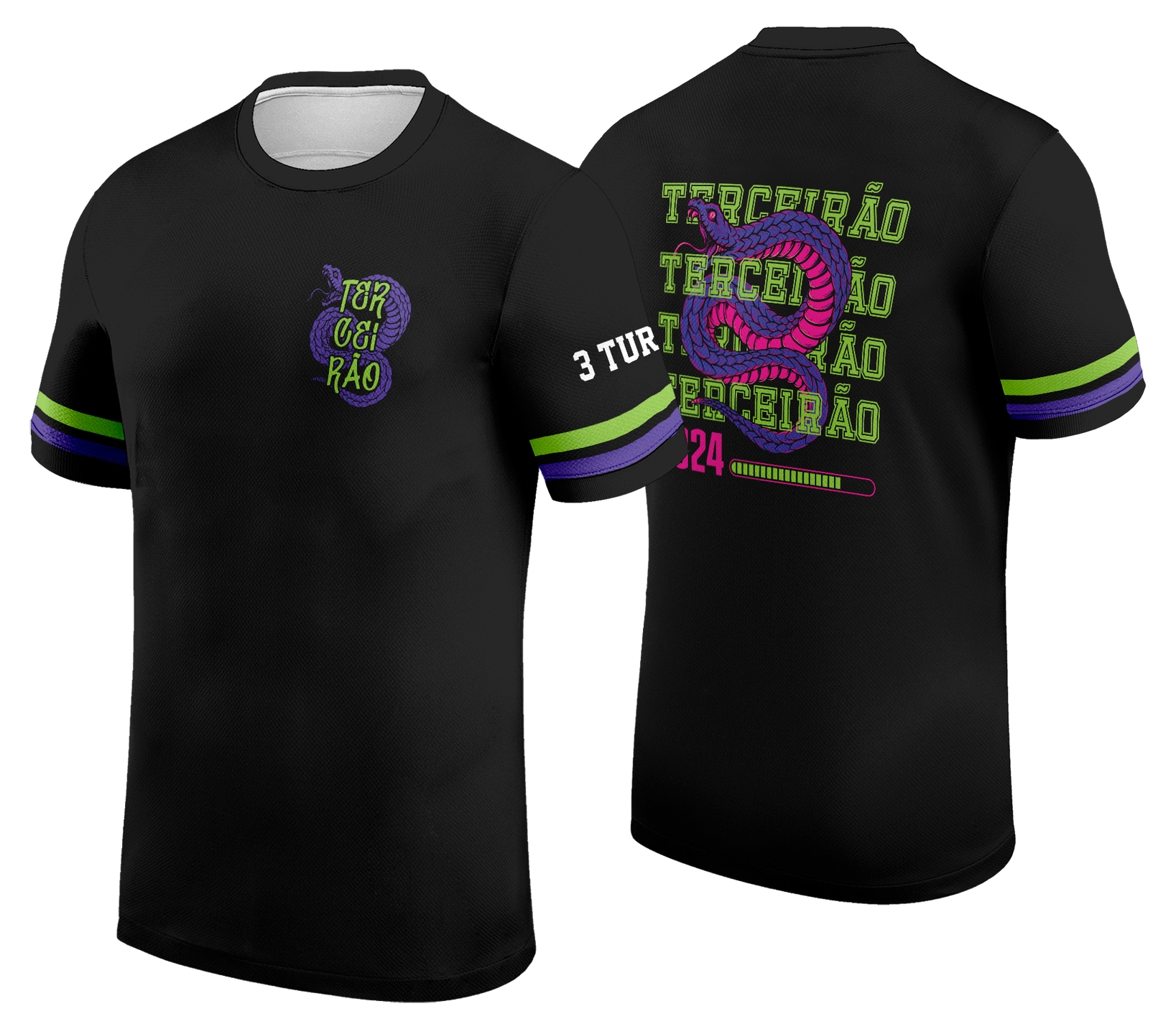 Camiseta unissex preta com logo no peito e estampa grande nas costas destacando Cobra Terceirão, ideal para estudantes e fãs, estilo moderno e exclusivo.