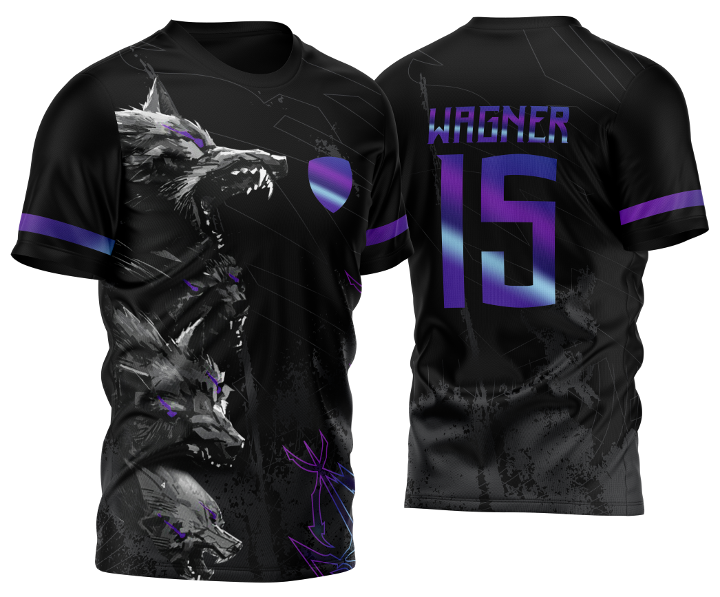 Camiseta unissex preta com logo no peito e estampa grande nas costas, tema InterClasse Lobos Holográfico Novo, visual moderno e impactante para todos os estilos.