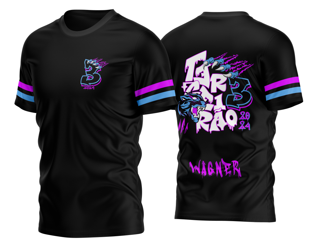 Camisa final com logo no peito e estampa grande nas costas mostrando uma pantera negra estilizada, design impactante e moderno perfeito para turma do terceiro ano