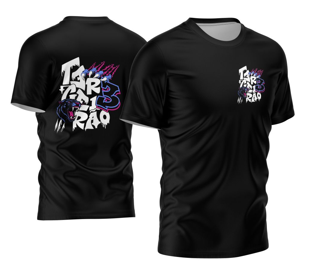 Camisa Terceirão com logo no peito representando a Pantera Negra e estampa grande nas costas com design impactante alusivo a 2026, estilo moderno e vibrante para grupo de estudantes