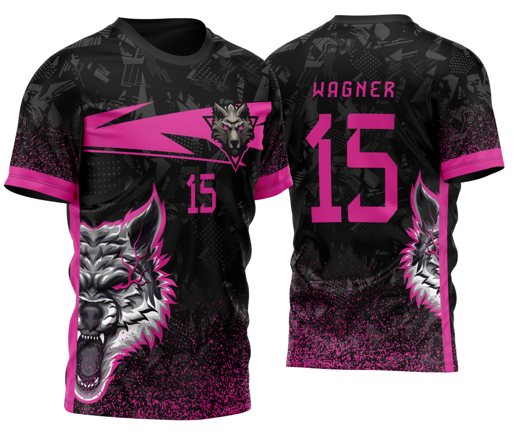 Camiseta unissex preta com logo no peito e estampa grande nas costas destacando o tema InterClasse Lobo Alfa nas cores preto e rosa, design moderno para um visual marcante.