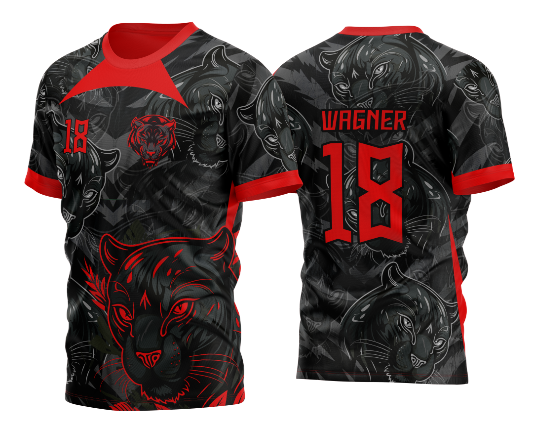 Camiseta unissex vermelha com logo no peito e estampa grande nas costas com tema Pantera Negra padrão 2023 InterClasse, design moderno e vibrante.