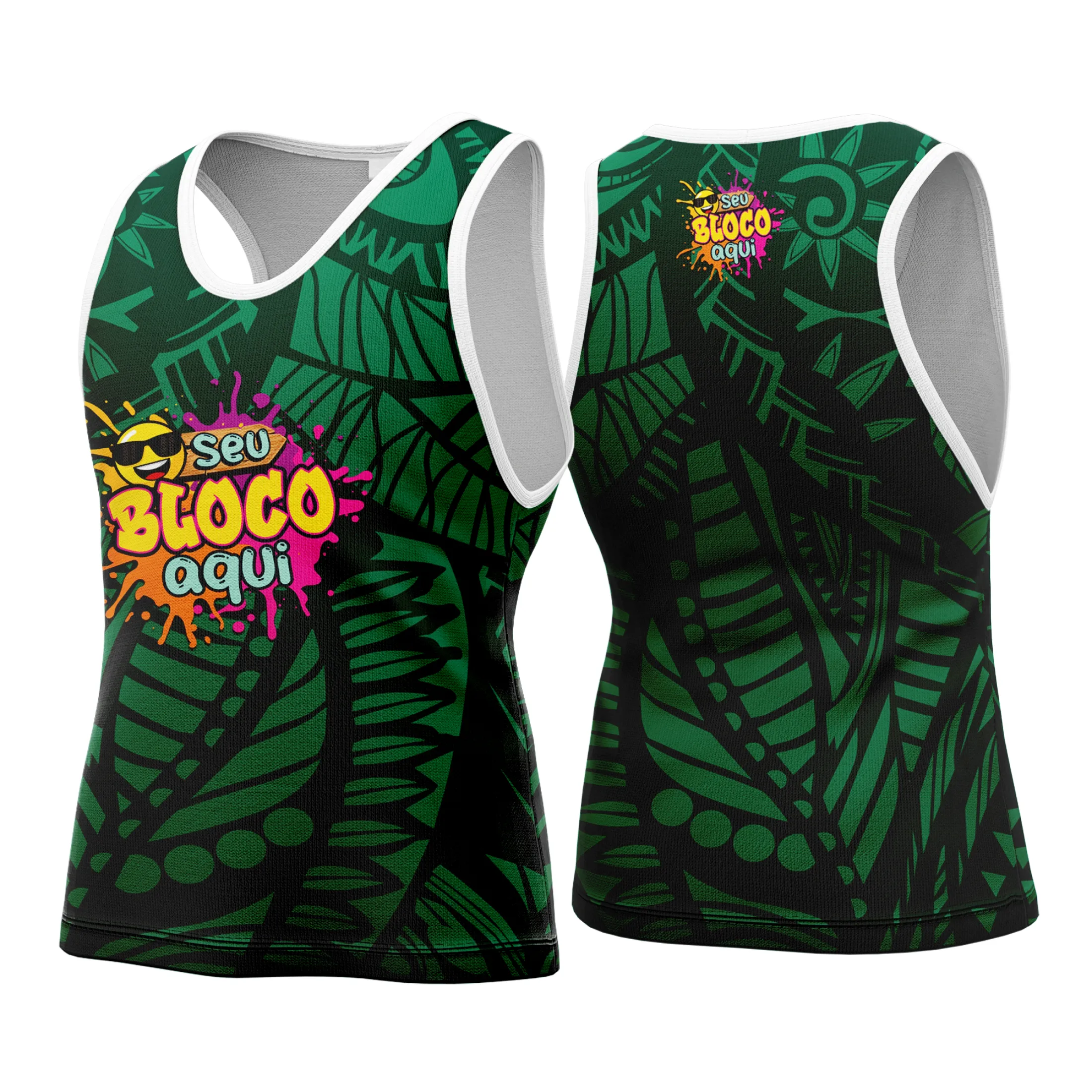 Camiseta unissex branca com logo no peito e estampa grande nas costas, tema Camisa Abadá Carnaval Personalizada 2026, ideal para folia e eventos festivos.