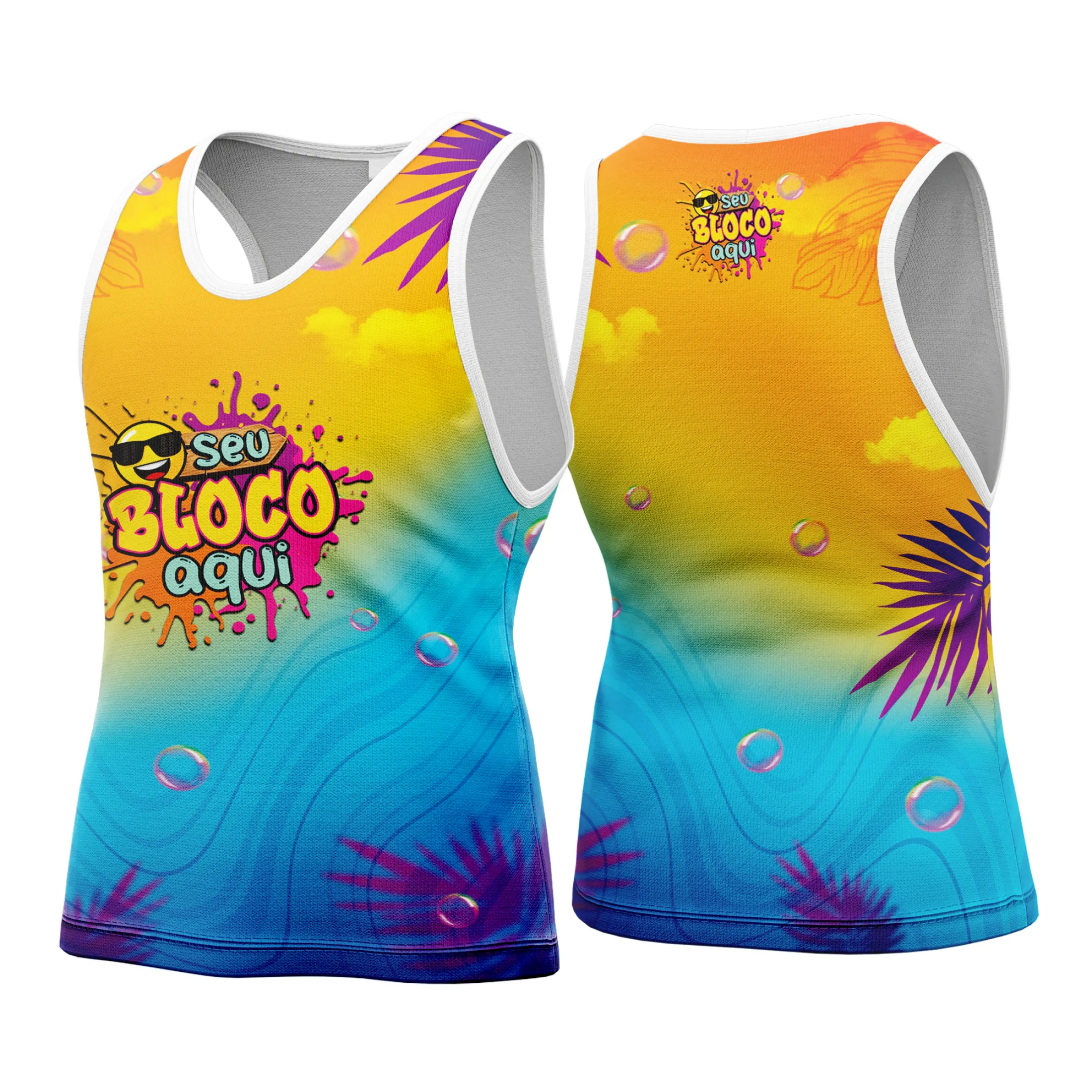 Camiseta unissex branca com logo no peito e estampa grande nas costas personalizada para Carnaval 2026, design vibrante e alegre para festa e folia.