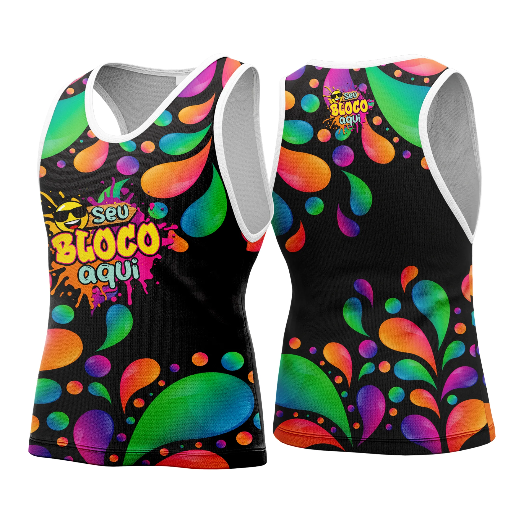 Camiseta unissex branca com logo no peito e estampa grande nas costas temática de Carnaval 2026, destacando cores vibrantes e design personalizado.