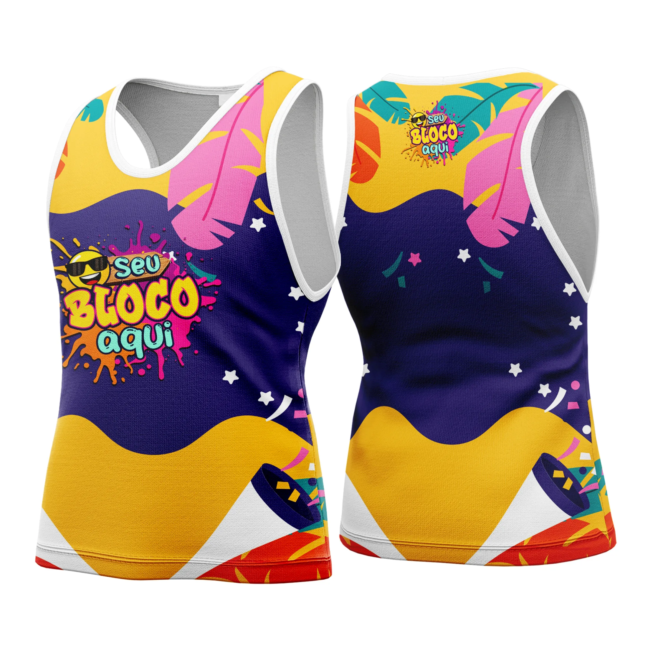 Camiseta unissex branca com logo no peito e estampa grande nas costas mostrando tema Camisa Abadá Carnaval Personalizada 2026, ideal para festa e folia.