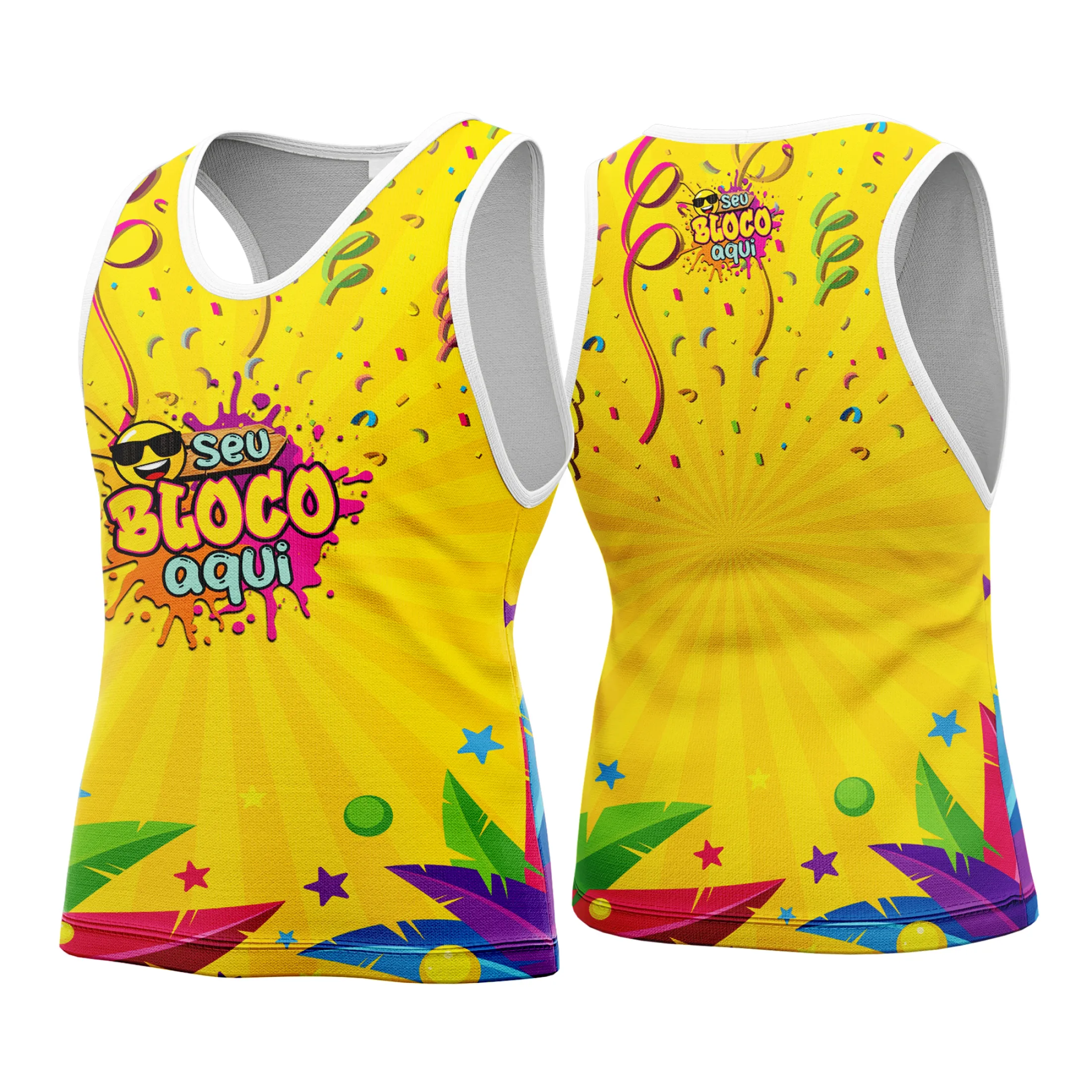 Foto de camiseta unissex branca com logo no peito e estampa grande nas costas inspiradas no tema Camisa Abadá Carnaval Personalizada 2026, ideal para celebrações festivas com design vibrante.