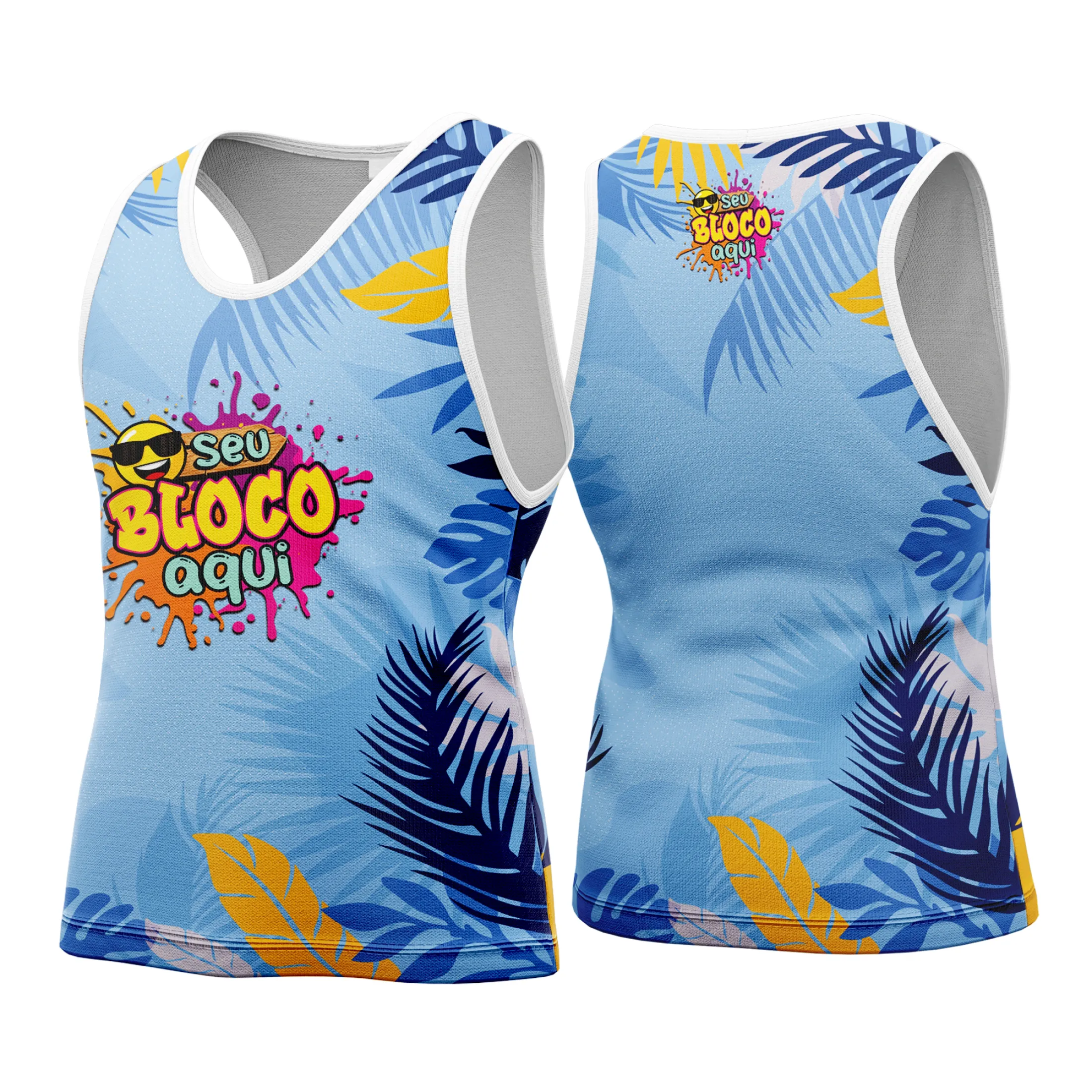 Camiseta unissex branca com logo no peito e estampa grande nas costas, com o tema Camisa Abadá Carnaval Personalizada 2026 vibrante e colorida, perfeita para festejar o carnaval.