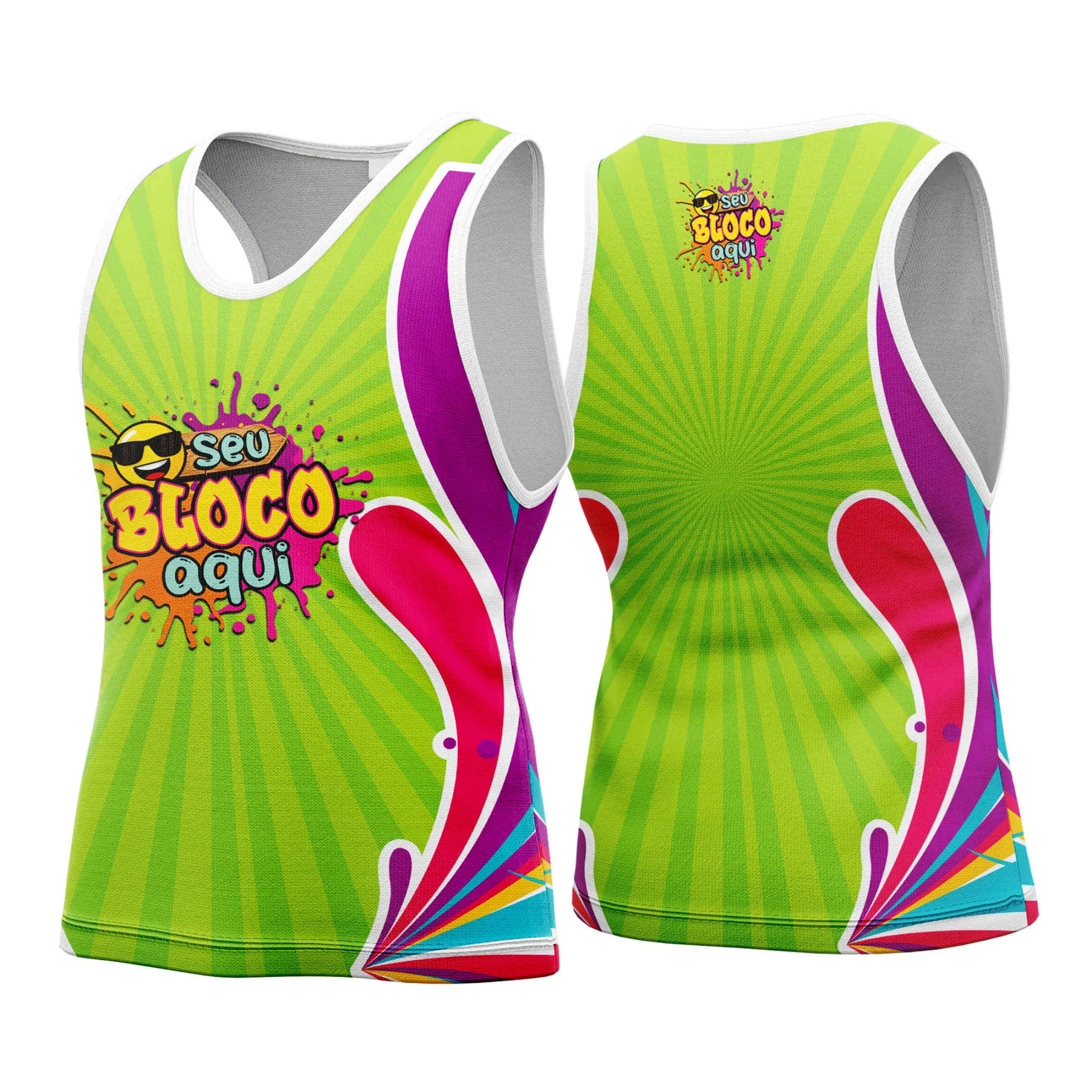 Camiseta unissex branca com logo no peito e estampa grande nas costas, inspirada no tema Camisa Abadá Carnaval Personalizada 2026, perfeita para festa e celebração com cores vibrantes.