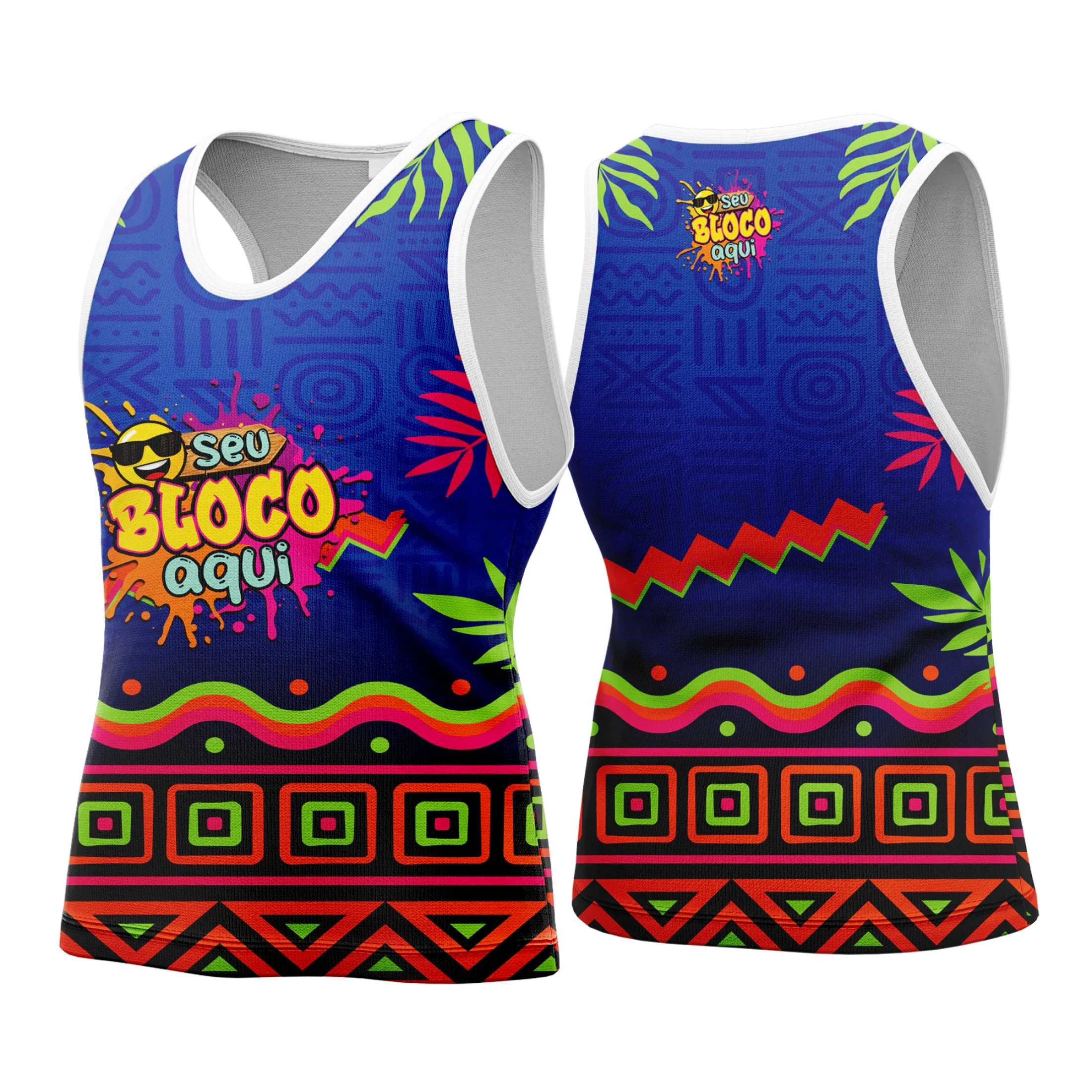 Camiseta unissex branca com logo no peito e estampa grande nas costas, inspirada no tema Camisa Abadá Carnaval Personalizada 2026, ideal para festas e blocos de carnaval.