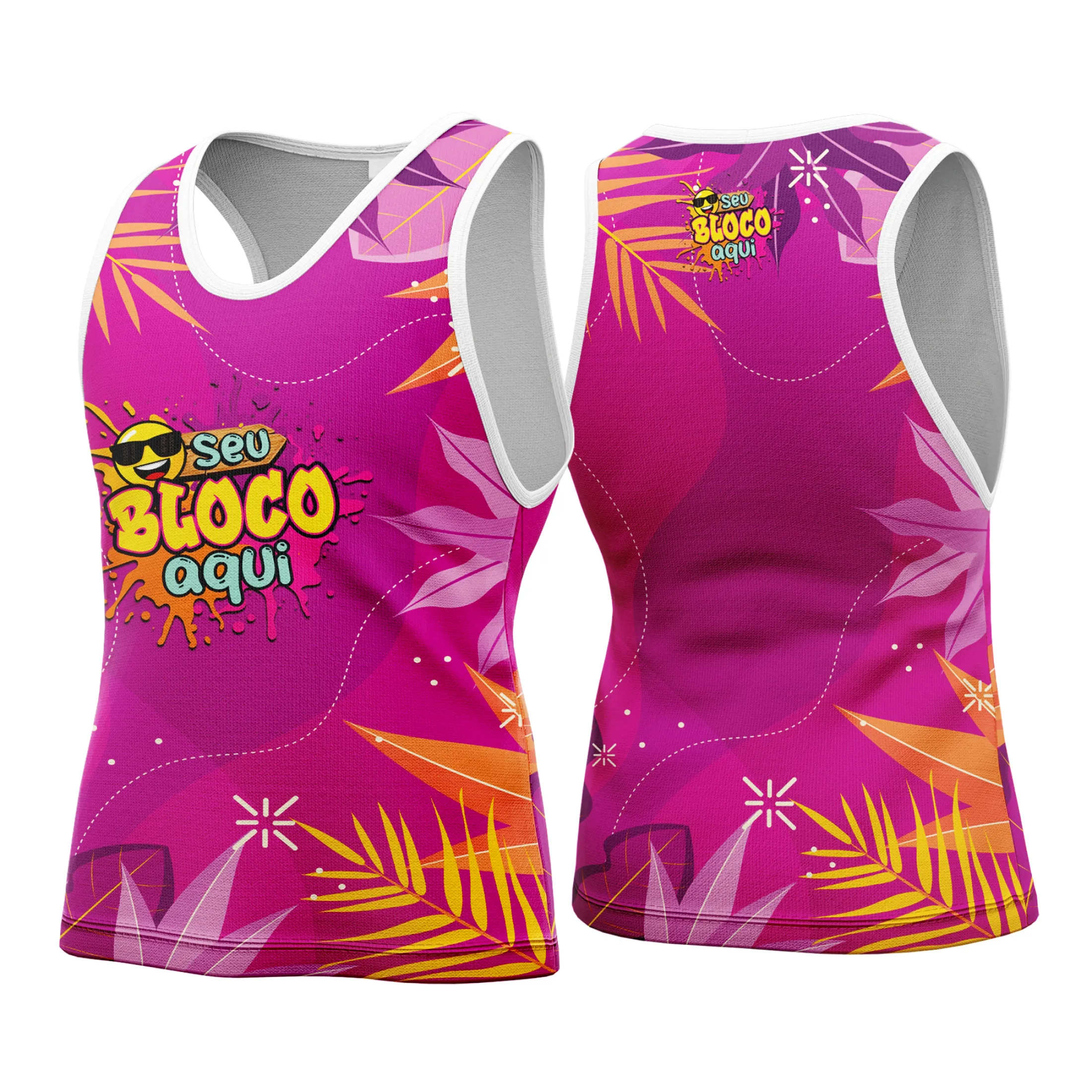 Camiseta unissex branca com logo no peito e estampa grande nas costas, tema Camisa Abadá Carnaval Personalizada 2026 para festa e folia.