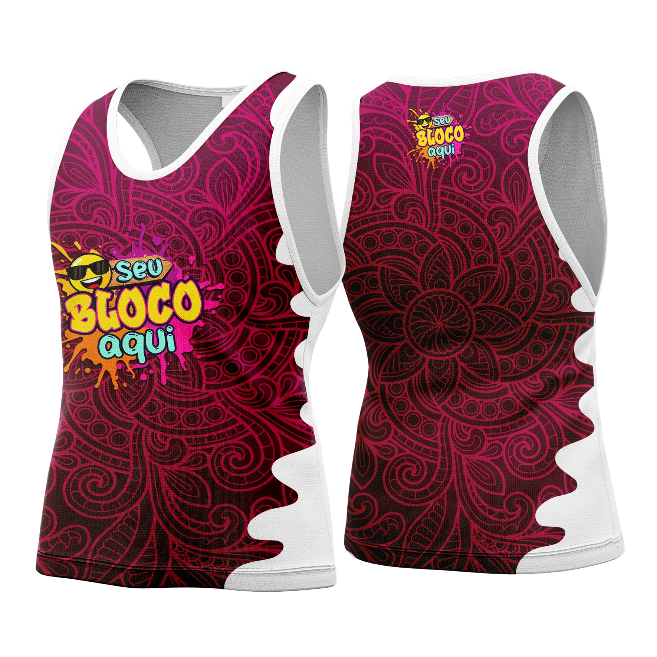 Camiseta unissex branca com logo no peito e estampa grande nas costas, temática de Camisa Abadá Carnaval Personalizada 2026, design vibrante e moderno para folia.