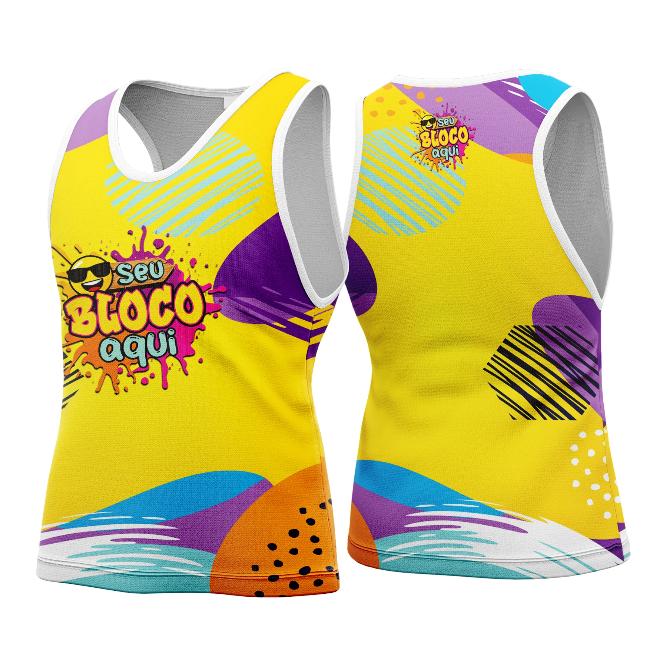 Camiseta unissex branca com logo no peito e estampa grande nas costas celebrando o Carnaval 2026, design vibrante e colorido ideal para festas e blocos de rua.