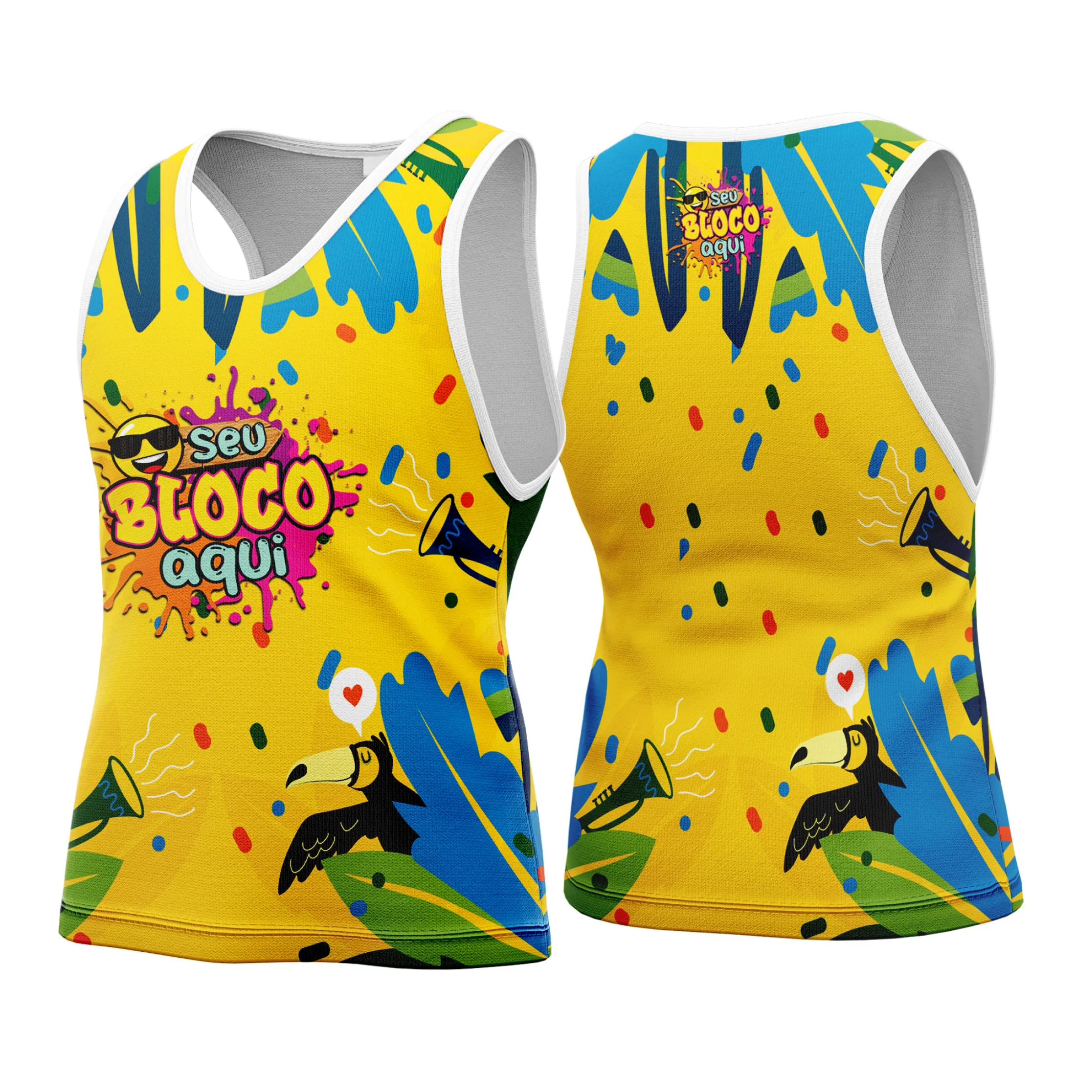 Camiseta unissex branca com logo no peito e estampa grande nas costas alusiva ao Camisa Abadá Carnaval Personalizada 2026, ideal para curtir o Carnaval com estilo e conforto.