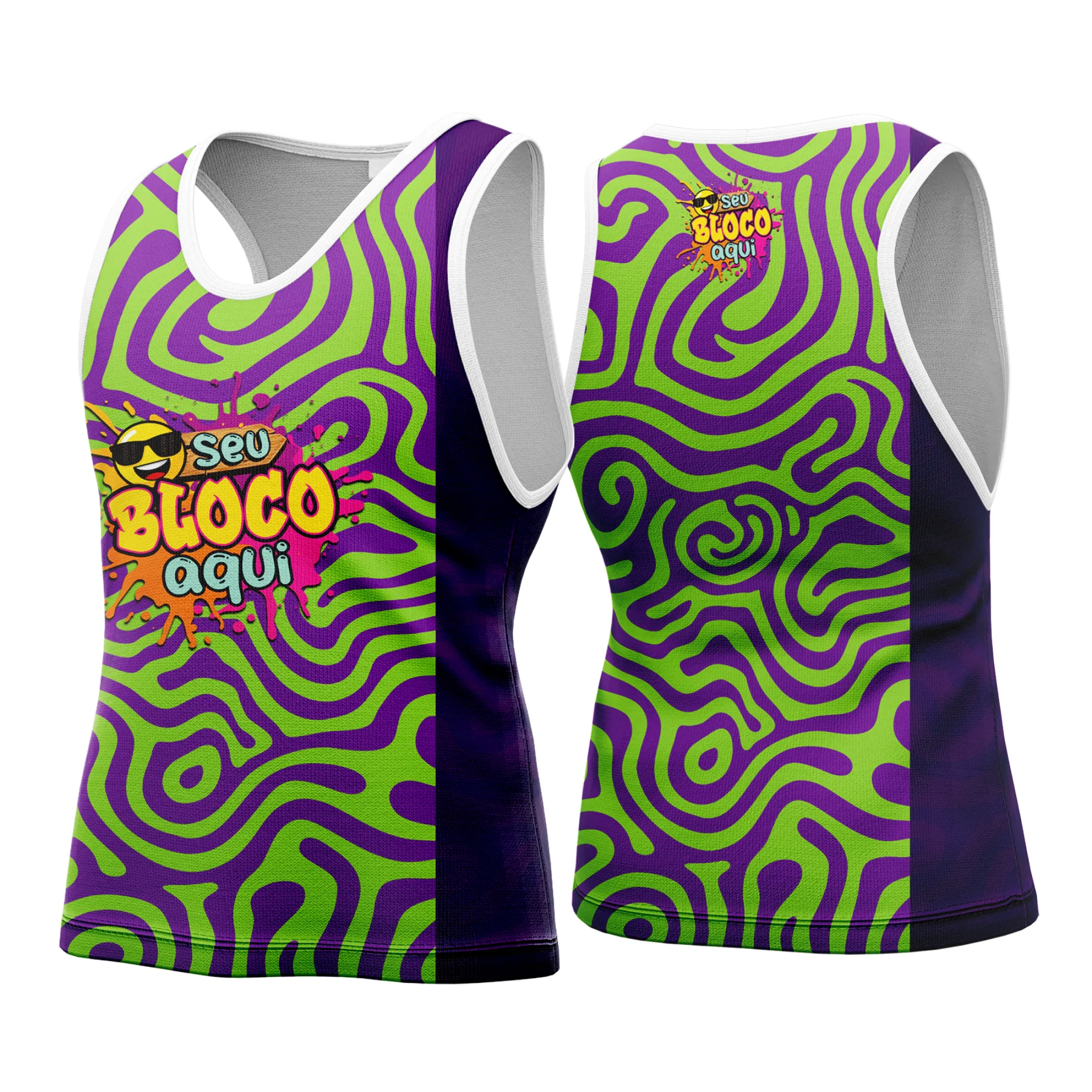 Camiseta unissex branca com logo no peito e estampa grande nas costas, tema Camisa Abadá Carnaval Personalizada 2026, design vibrante perfeito para o Carnaval.