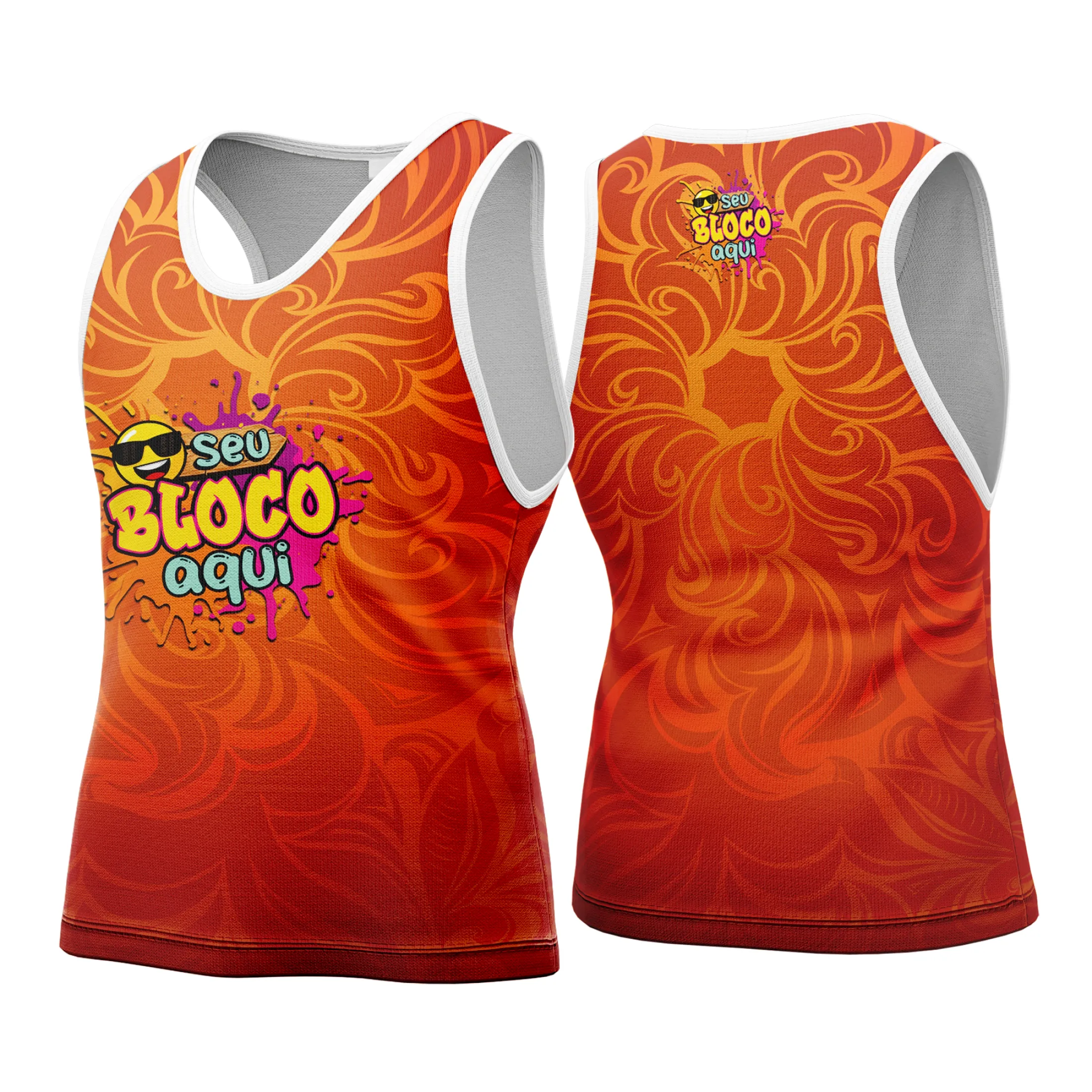 Camiseta unissex branca com logo no peito e estampa grande nas costas, tema Camisa Abadá Carnaval Personalizada 2026, ideal para festas e blocos de carnaval.